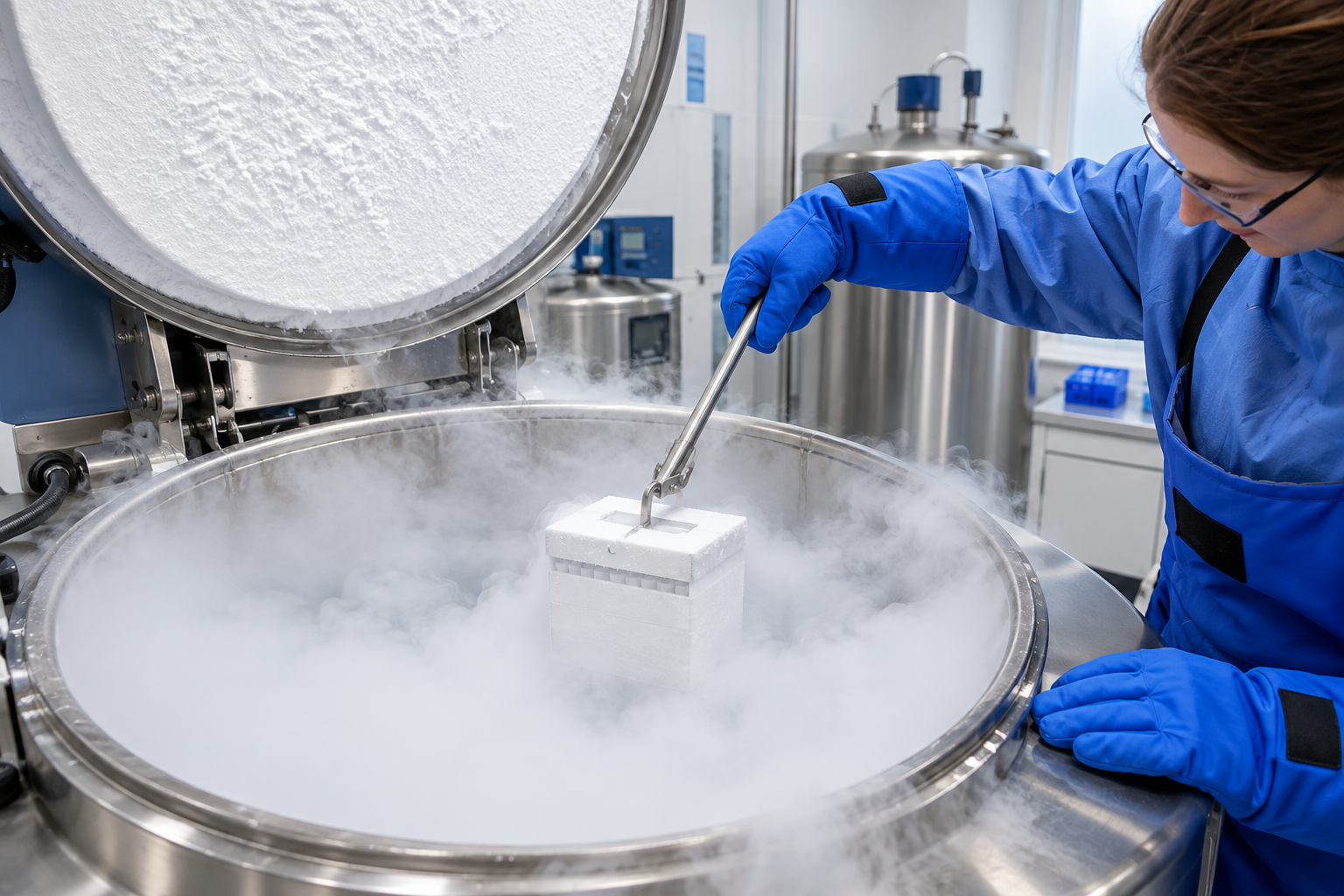 Cold-chain professional placing a protected container into a cryogenic shipping box